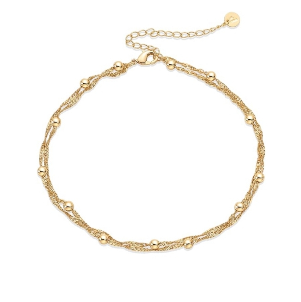 14K Gold Plated Charm Link Chain Beaded Adjustable Anklet